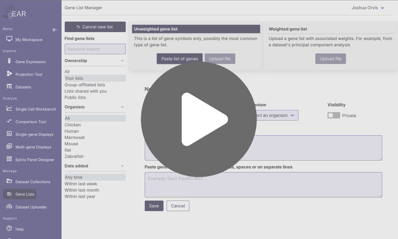 Preview of the gene list manager
